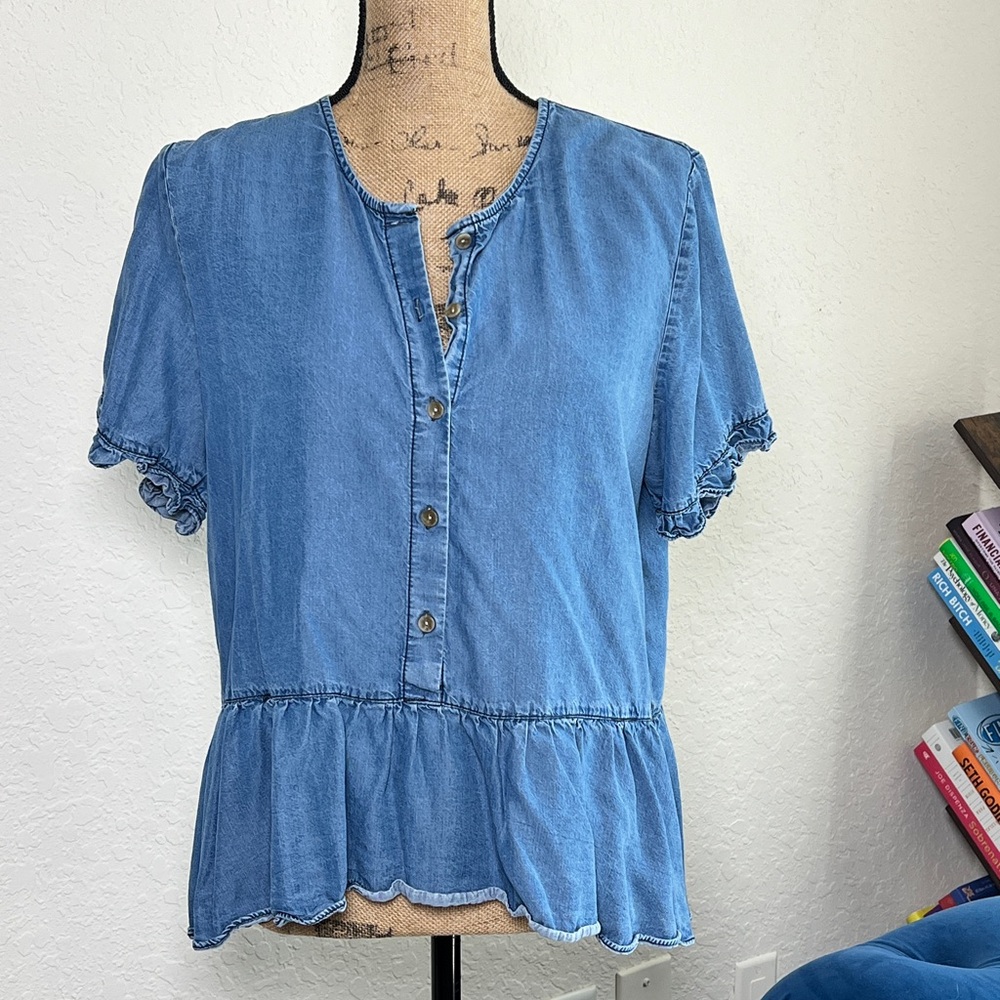 Washed Blue Short Sleeve Peplum Button-Front Top